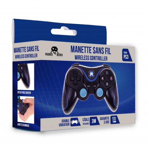Manette PS3 Sans Fil Vibrante + Cable de recharge de 3M (bleue et blanche)  - Freaks and Geeks