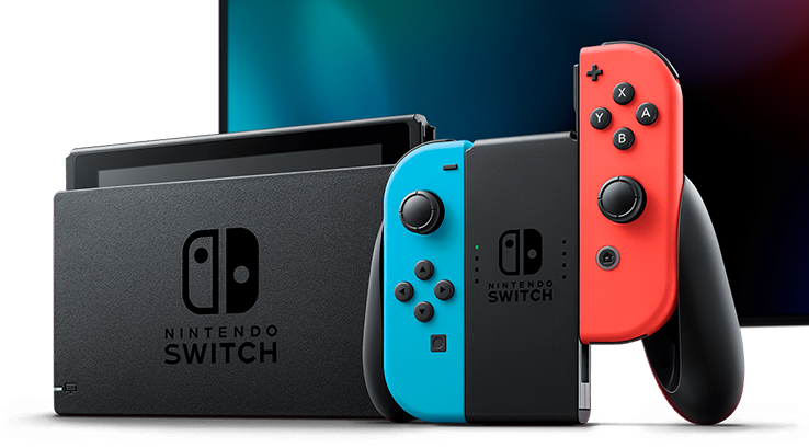 Nintendo Switch avec joycon rouge et bleu néon